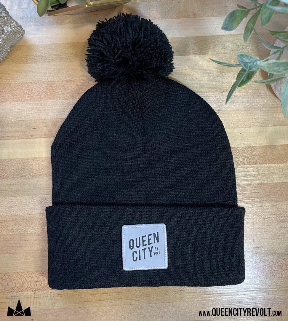 Knit Pom Beanie, Black/White Patch