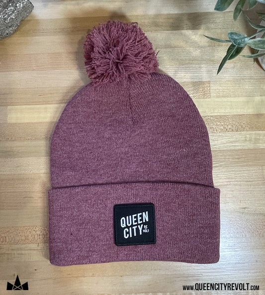 Knit Pom Beanie, Maroon/Black Patch