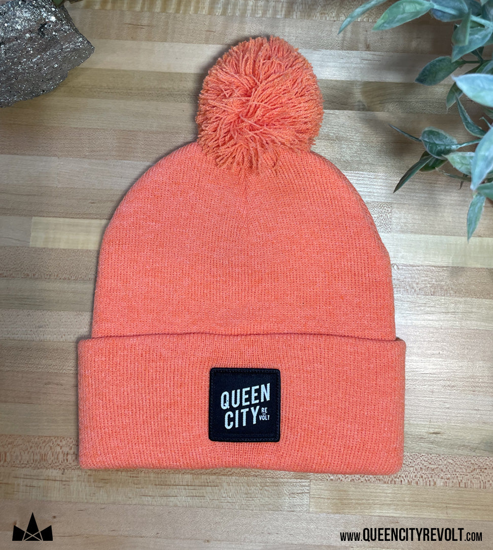 Knit Pom Beanie, Orange/Black Patch